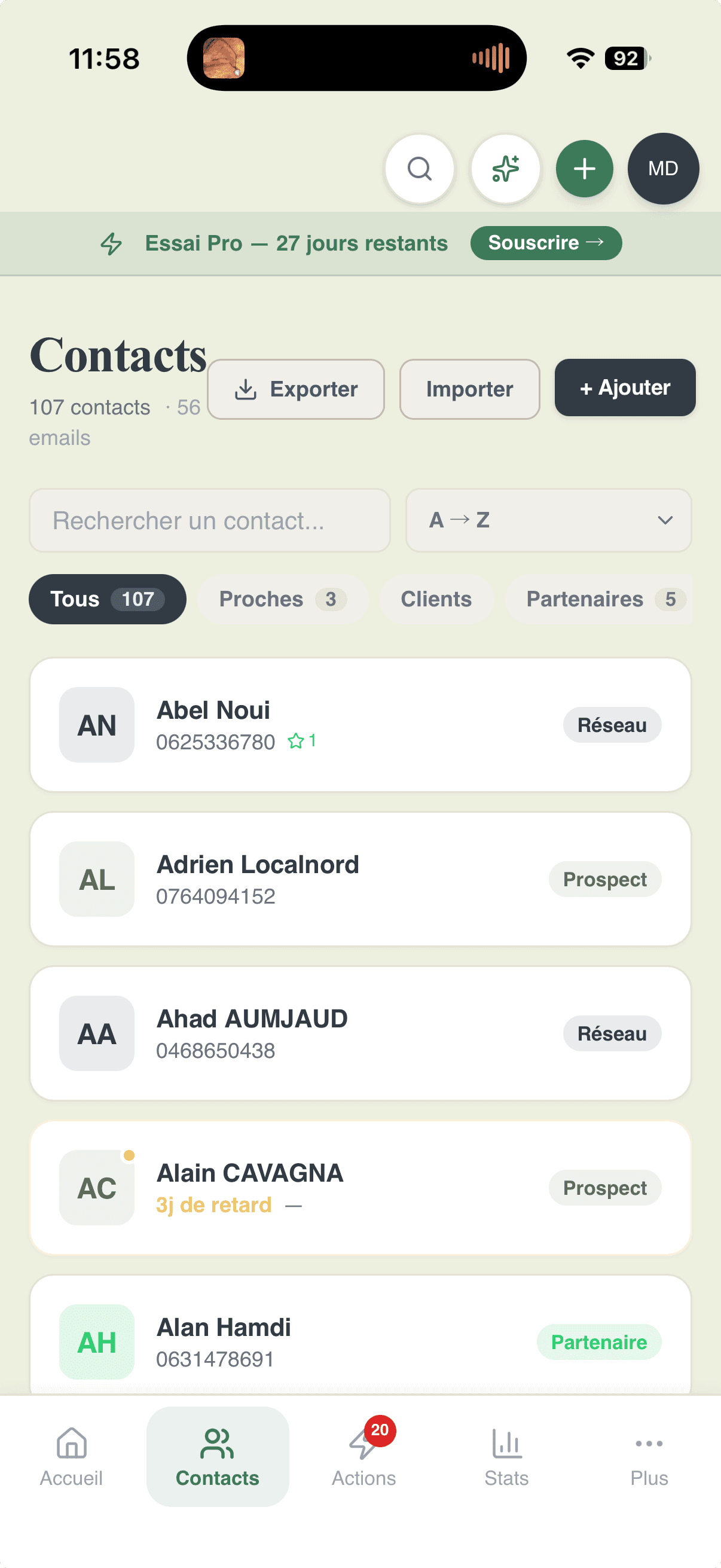 Liste des contacts, 107 contacts, segments, filtres, retards