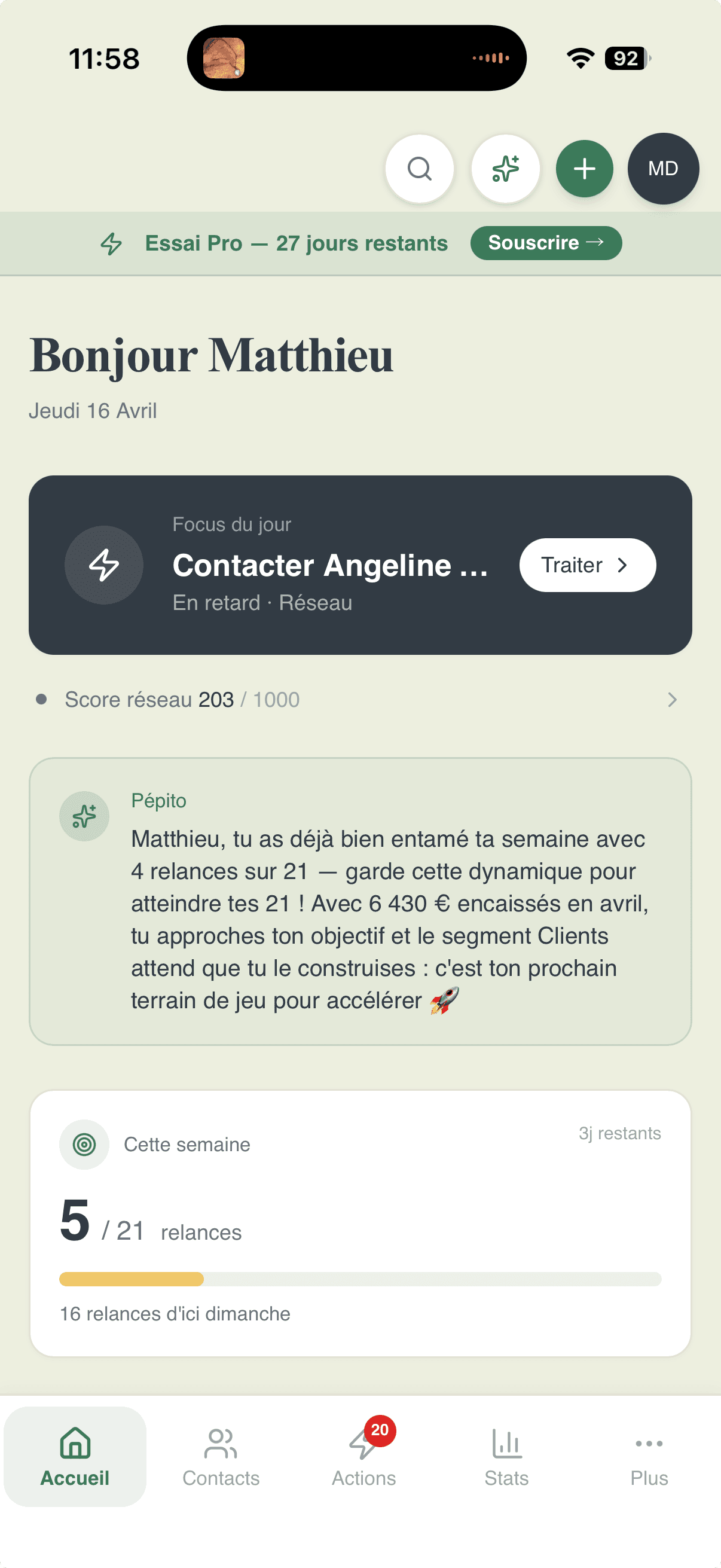 Dashboard Referys mobile, Score réseau, actions du jour